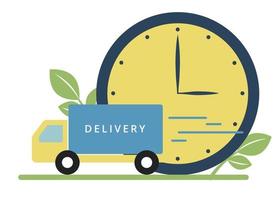 Delivery illustration. Lorry with the inscription delivery, on the background of a large clock and leaves vector