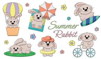 conjunto linda dibujos animados verano Conejo en color vector