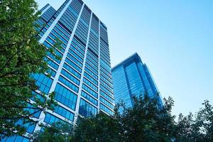 Skyscraper glass facades on sunny day with green trees photo