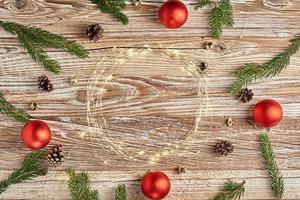 Christmas greeting banner on wooden backround, flat lay photo