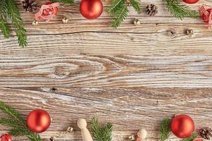 Christmas greeting banner on wooden backround, flat lay photo