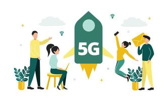 Vector illustration of 5G internet. Men and women with a smartphone, laptop and an envelope near a rocket with a 5G sign, on the background of network icons, clouds, plants.