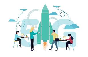 Vector illustration of 5G internet. Men and women are sitting with laptops at tables, others are walking with a phone and a briefcase next to a rocket, against the background of a 5G sign, quadcopters