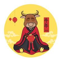 The bull sits in a kimono with a flashlight in its hooves. Vector illustration