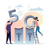 5G mobile internet. A woman on the stairs puts the letter G on the tower, the man puts the number 5, against the background of the network, Internet, tower, clouds icons. Vector illustration.