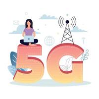 5G mobile internet. A woman with a laptop sits on 5G, against the background of plants, network icons, internet, tower, clouds. Vector illustration.