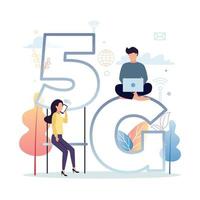 5G mobile internet. A man with a laptop sits on the letter G, a woman with a smartphone sits at the number 5 on a bench, against the background of plants, network icons, clouds. Vector illustration.