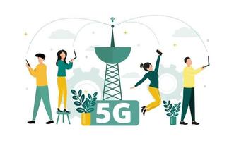 Vector illustration of 5G internet. Near the tower, women and men with laptops and smartphones are catching a network, against the background of gears, clouds, plants.