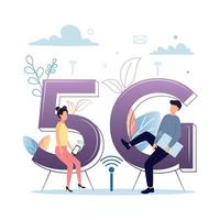 5g móvil Internet. un hombre con un ordenador portátil se sienta en el letra gramo, un mujer con un teléfono inteligente se sienta en el número 5, en contra el antecedentes de plantas, red iconos, nubes vector ilustración.