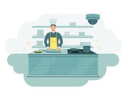 Video surveillance in the kitchen. A video surveillance camera records the actions of the personnel. The chef is cooking in the kitchen. CCTV vector