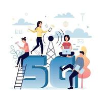 5G mobile internet. A man and a woman with a laptop sit on the letter G, women with smartphones on the number 5, against a background of plants, internet icons, a tower, clouds. Vector illustration.