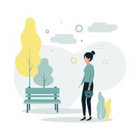 Vector illustration a woman with a handbag in her hands stands near a bench in the park, on a background of trees, bushes, clouds.