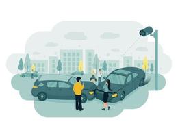 CCTV. Video surveillance. Remote access. Street cctv camera recorded a car crush. Car drivers are making phone calls. People are watching what is happening. Vector illustration
