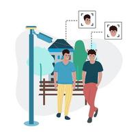 Face recognition illustration. Face recognition by camcorder. CCTV. The surveillance camera recognizes the faces of men. The camcorder recognizes the faces of walking guys vector