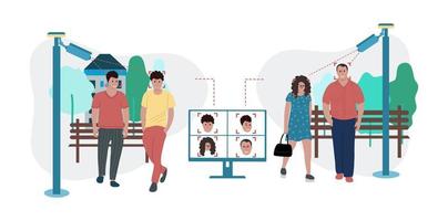 Face recognition illustration. Face recognition by camcorder. CCTV. CCTV camera recognizes faces of men and woman. The camcorder recognizes the faces of a walking group of people vector