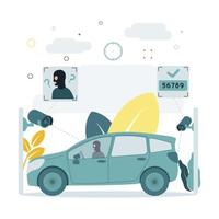 CCTV. A vector illustration of a CCTV camera captures a criminal in a car, does not recognize a person face in a mask, recognizes car numbers. A CCTV camera captures a person in a car.