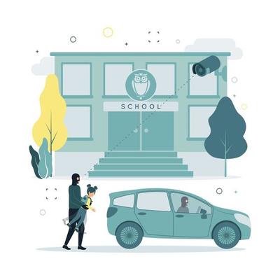 Video monitoring. Vector illustration of kidnapping a child from school. A surveillance camera shoots as a masked man drags a girl from school to a car, in which another criminal.
