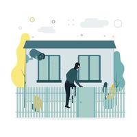 Video monitoring. A vector illustration of a burglar climbing a window on a staircase, a video surveillance camera takes it off. The camera shoots as a masked man creeps into a window at home.