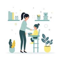 Vector illustration of a woman feeds a baby girl sitting in a highchair, on the background of a shelf with books and a pear, a clock, flower pots with indoor plants.