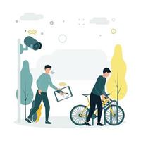 CCTV. Vector illustration a man steals a bicycle, a surveillance camera takes it and transfers data to a person on a tablet who sees it and tries to prevent a crime