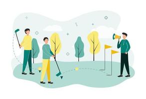 Golf illustration. Golf players with clubs in their hands are trained by a man with a shout in his hands on a golf course with flagpoles and trees. vector