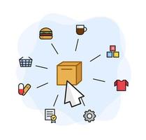 Illustration of the delivery of goods. A box with a cursor around a hamburger, coffee, game blocks, a T-shirt, gear, a tablet and a patch, a shopping basket. Illustration food, drinks, baby products. vector