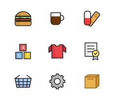 Illustration of goods. Burger, coffee, tablet and adhesive, game blocks, t-shirt, shopping basket, gear, box, document. Home goods, clothes, toys, food, drinks. vector