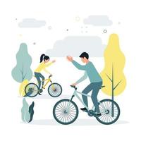 Vector illustration a woman and a man ride bicycles, wave their hands to each other, on a background of trees, plants, clouds. People ride bicycles, shake hands.