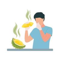 Illustration of a man, covering his nose, holding a durian fruit in gloves. Man holds durian fruit in gloves, covering his nose from a bad smell vector