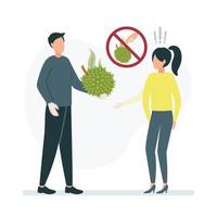 Illustration with a sign denoting a durian fruit can be touched only with gloves. Without gloves, you cannot take fruit. A man holds a durian in gloves. vector