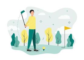 Golf illustration. A golfer stands on a field in front of a golf ball on a stand, holds a club in his hands and waves, against the background of a flagpole, trees, clouds. vector