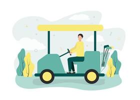 Golf illustration. A man rides in a golf car with clubs on the field, against a background of trees. A man sits in a golf cart with a set of clubs on a golf course, against a background of plants vector