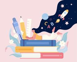 Flat illustration of online education concept. Girl lying on stack of books and using laptop with innovation universe in her mind. vector