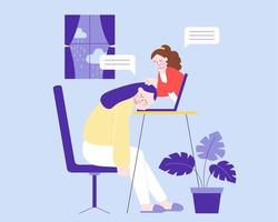 Flat illustration of psychiatrist providing advice to a depressed woman and helping her overcome anxiety via laptop. Concept of online mental health consultation. vector