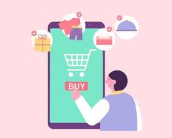 Flat illustration of a young man using mobile phone to buy goods and food on the internet. Concept of online shopping. vector