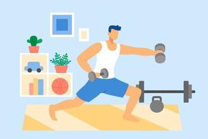 Flat illustration of a man doing exercises with dumbbells at home. A male working out in the living room with a kettlebell and barbell on the floor vector