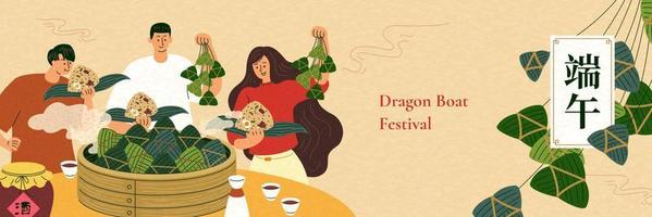 People take traditional food rice dumpling from bamboo steamer and drink realgar wine to celebrate Dragon Boat Festival. Duanwu holiday written in Chinese vector