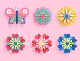 Set of colorful origami flower and butterfly. Botanic element designed in paper folding style, isolated on pink background. vector