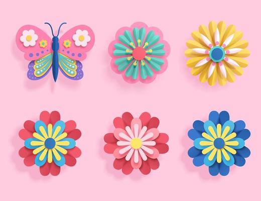 Set of colorful origami flower and butterfly. Botanic element designed in paper folding style, isolated on pink background.