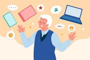 Flat illustration of senior man with mobile phone, digital tablet, laptop, emoticons and symbols in speech bubble on light orange background. Concept of elderly embracing modern technology vector