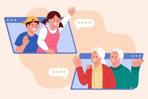 Greeting family via video call. Flat illustration of grandchildren meeting and saying hi to their grandparents online vector