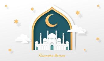 Grand mosque's door or window reveal the underneath green background with moon representing Ramadan Kareem. Papercut style greeting card vector