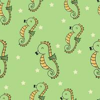 Vector seamless pattern with cute sea horse on green background