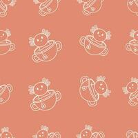 Cute axolotl seamless pattern with tea cup. Hand drawn axolotls seamless pattern. Perfect for T-shirt, textile and print. Doodle vector illustration for decor and design. axolotl kawaii.