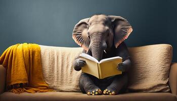 elefante leyendo libro en sofá, aprendizaje y conocimiento concepto, generativo ai foto