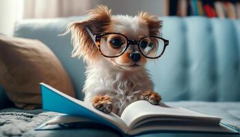 perro leyendo libro en sofá, aprendizaje y conocimiento concepto, generativo ai foto
