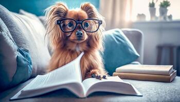 perro leyendo libro en sofá, aprendizaje y conocimiento concepto, generativo ai foto