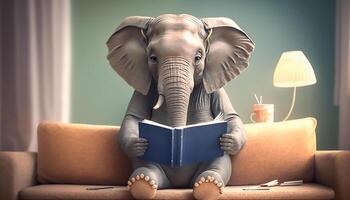 elefante leyendo libro en sofá, aprendizaje y conocimiento concepto, generativo ai foto