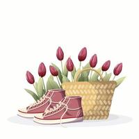 Tulips, bag, sneakers. Vector illustration for a card or poster. Print on clothes. Spring.