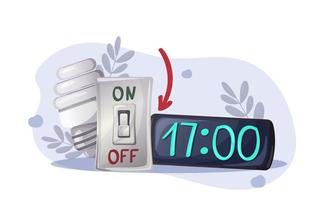 the concept of turning off the lights in the office at work after a working day. energy saving lamp, light switch, clock. Flat, cartoon style. world health day vector